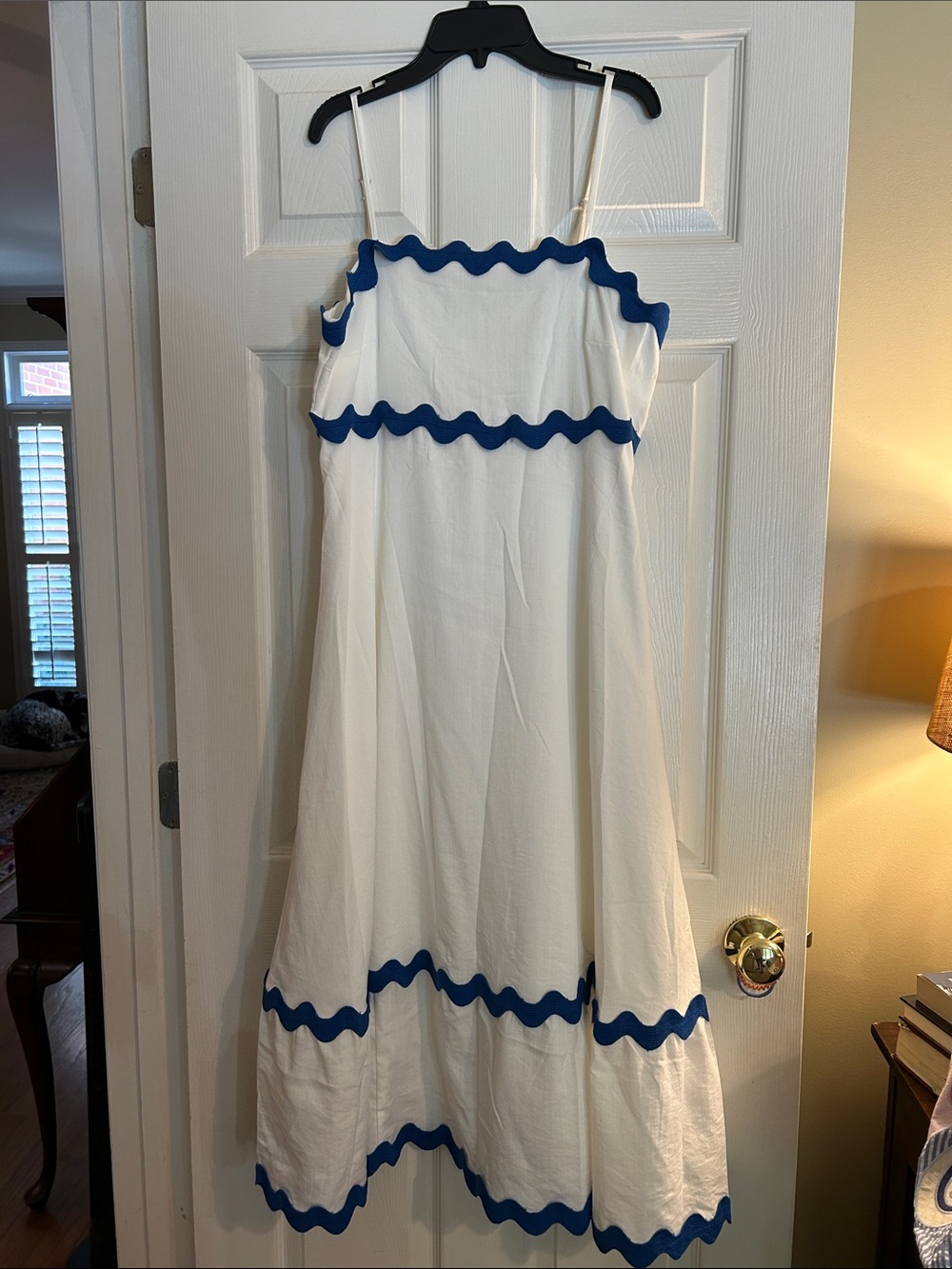 White Maxi Dress with Royal Blue Trim